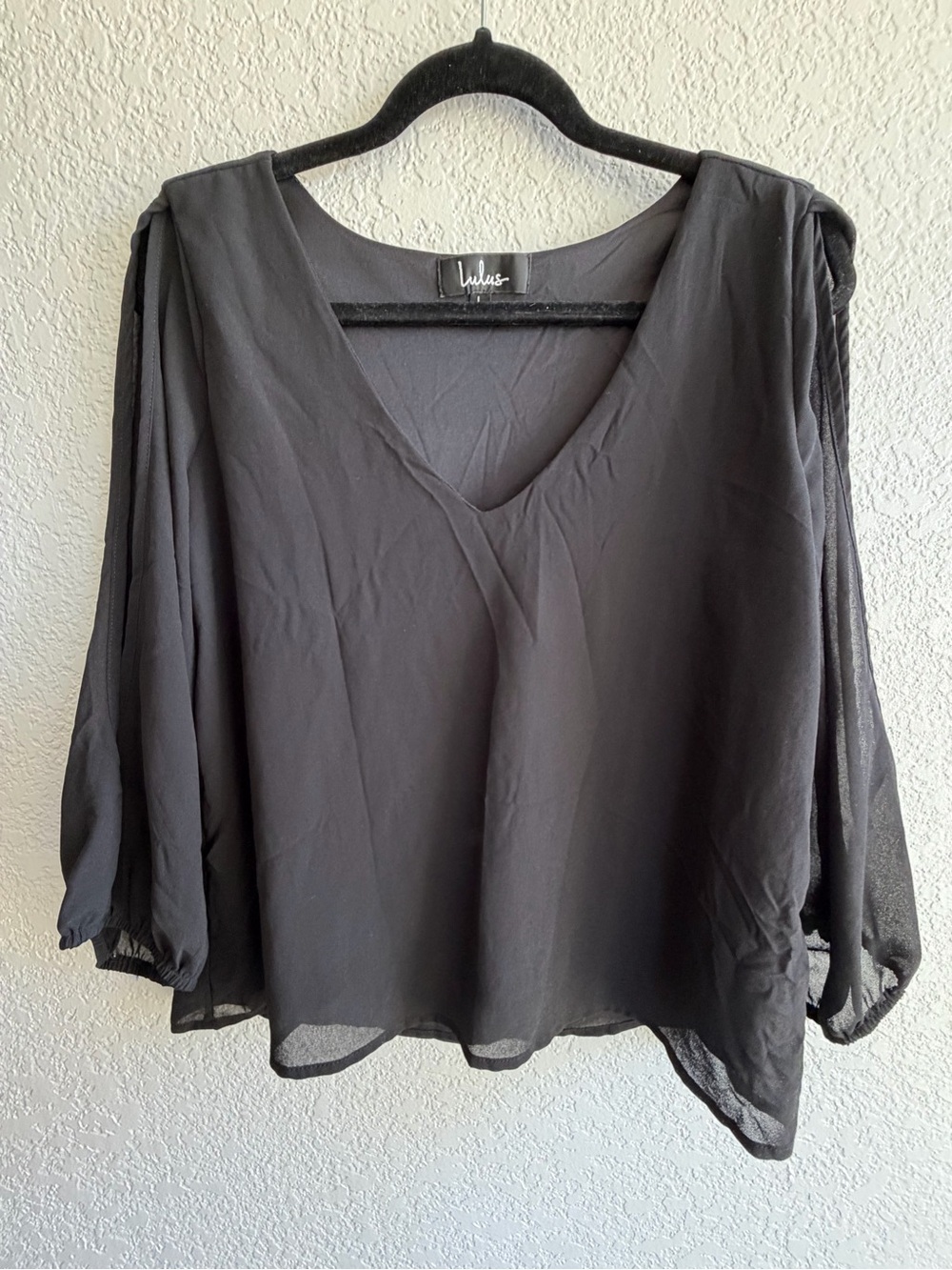 Lulu's Black Sheer V-Neck Blouse with Billow Sleeves